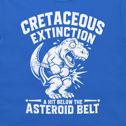 Close-up of a cretaceous extinction T-shirt with white T. rex boxer graphic and asteroid belt joke on royal blue shirt.