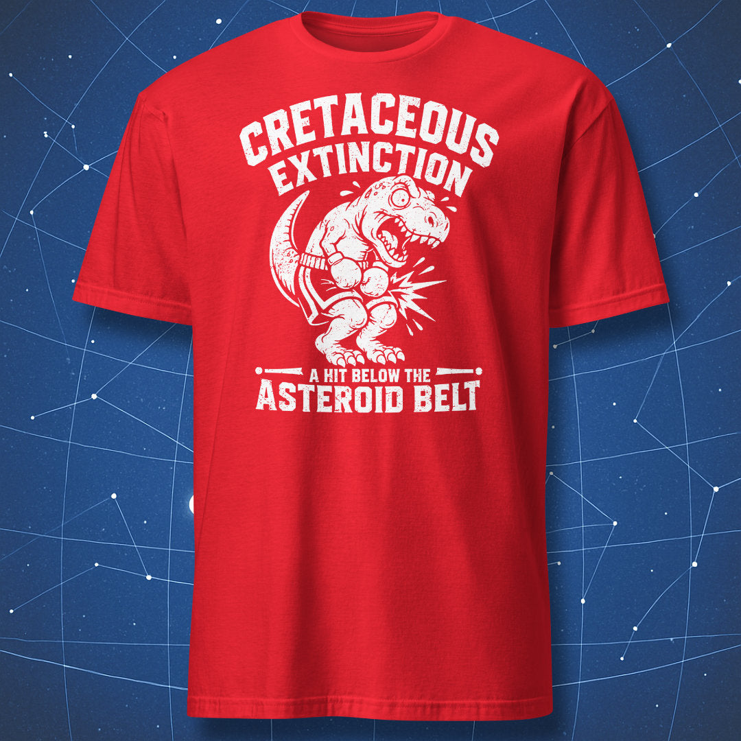Funny Cretaceous Extinction T-shirt featuring a T. rex boxer and “A Hit Below The Asteroid Belt” text on red shirt.