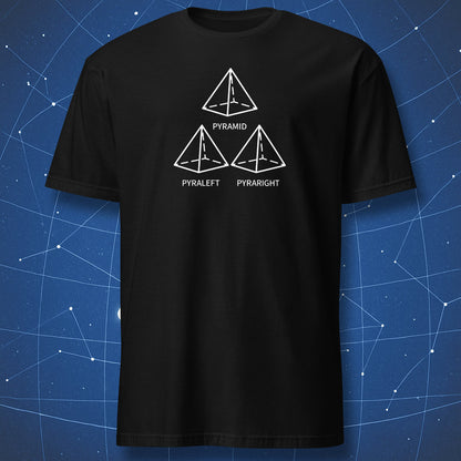 Pyramid Pyraleft Pyraright geometry pun t-shirt in white print on black shirt.