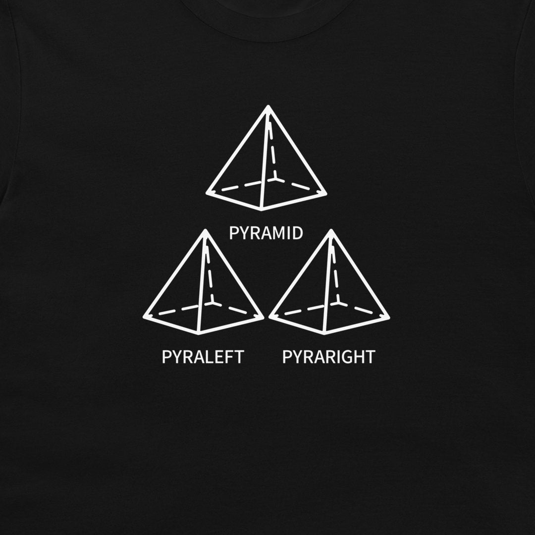 A close-up of a black t-shirt, featuring a white graphic print of three pyramids labeled 'PYRAMID', 'PYRALEFT', and 'PYRARIGHT'.