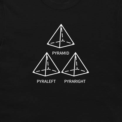 A close-up of a black t-shirt, featuring a white graphic print of three pyramids labeled 'PYRAMID', 'PYRALEFT', and 'PYRARIGHT'.