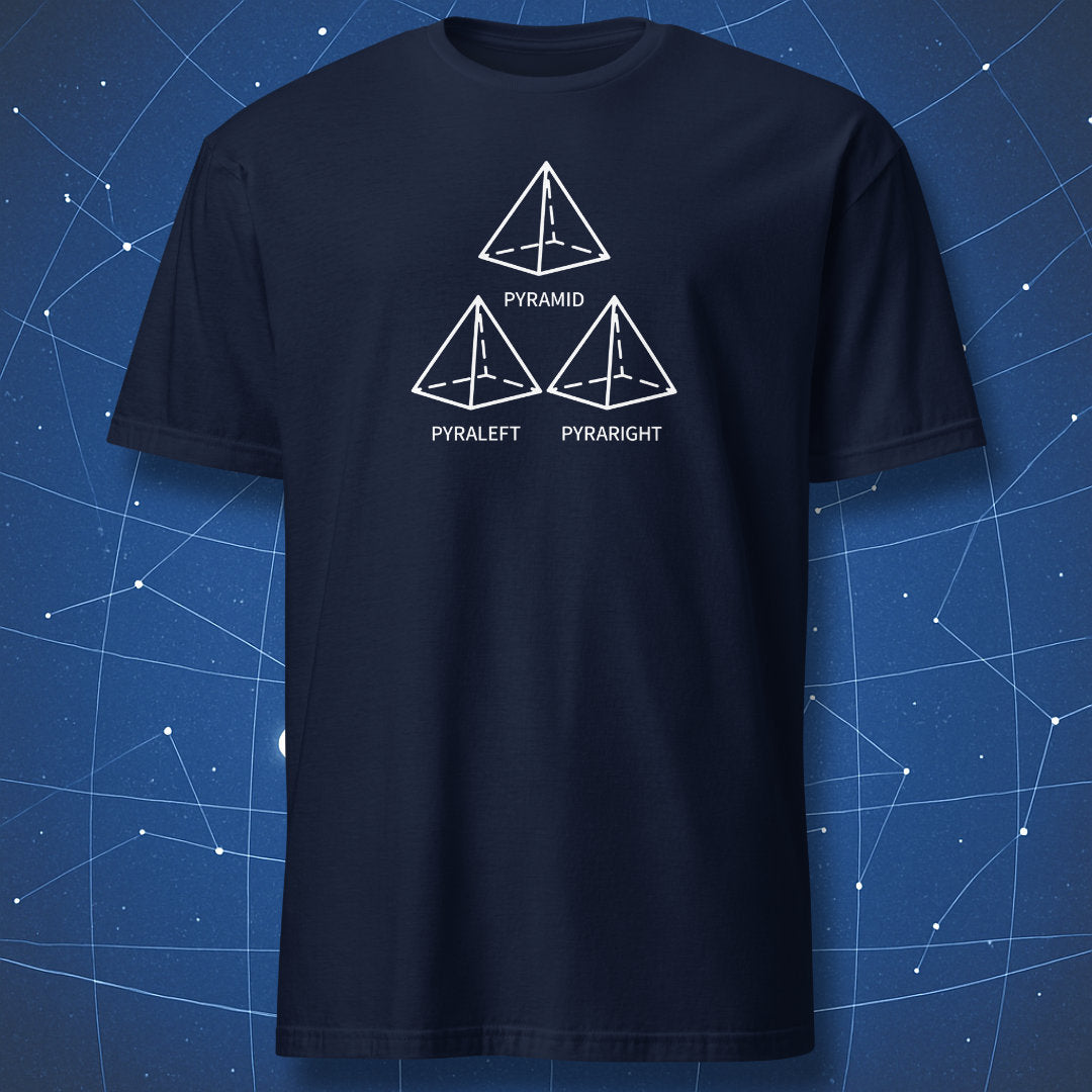 Minimalist pyramid diagram geometry pun shirt on navy blue t-shirt.