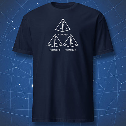 Minimalist pyramid diagram geometry pun shirt on navy blue t-shirt.