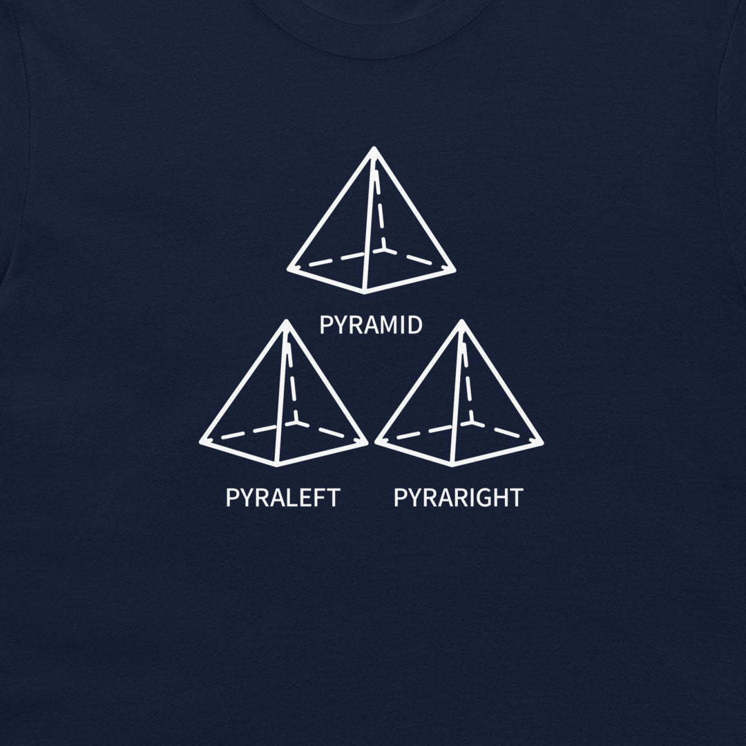 A close-up of a navy blue t-shirt featuring a white graphic print of three 3D pyramids labeled 'PYRAMID', 'PYRALEFT', and 'PYRARIGHT'.