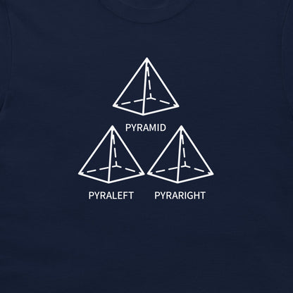 A close-up of a navy blue t-shirt featuring a white graphic print of three 3D pyramids labeled 'PYRAMID', 'PYRALEFT', and 'PYRARIGHT'.