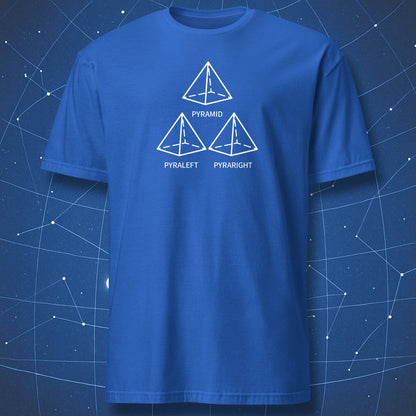 Funny math pyramid pun t-shirt with pyraleft and pyraright diagrams on royal blue shirt.