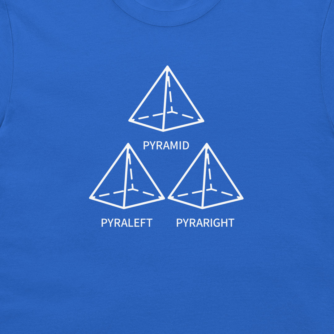 A close-up of a blue t-shirt featuring a white graphic print of three pyramids labeled 'PYRAMID', 'PYRALEFT', and 'PYRARIGHT'.
