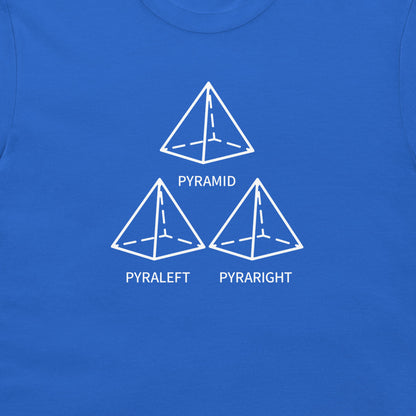 A close-up of a blue t-shirt featuring a white graphic print of three pyramids labeled 'PYRAMID', 'PYRALEFT', and 'PYRARIGHT'.