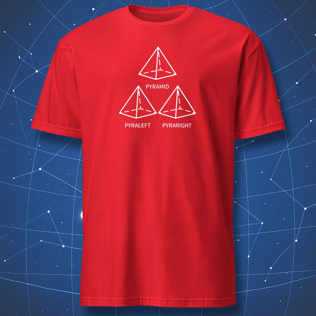 Pyramid Pyraleft Pyraright funny geometry shirt with white line art on red t-shirt.