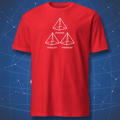 Pyramid Pyraleft Pyraright funny geometry shirt with white line art on red t-shirt.