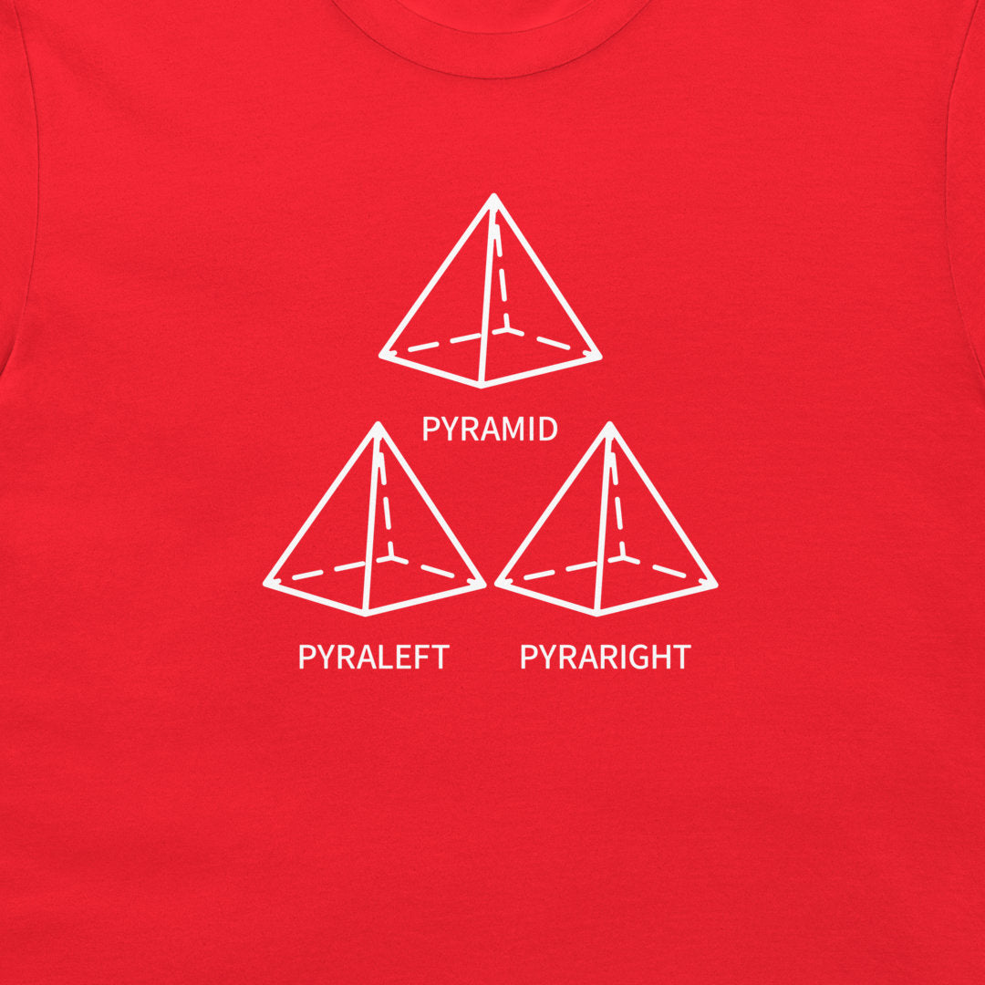 A close-up of a bright red t-shirt featuring a white graphic print of three pyramids labeled 'PYRAMID', 'PYRALEFT', and 'PYRARIGHT'.