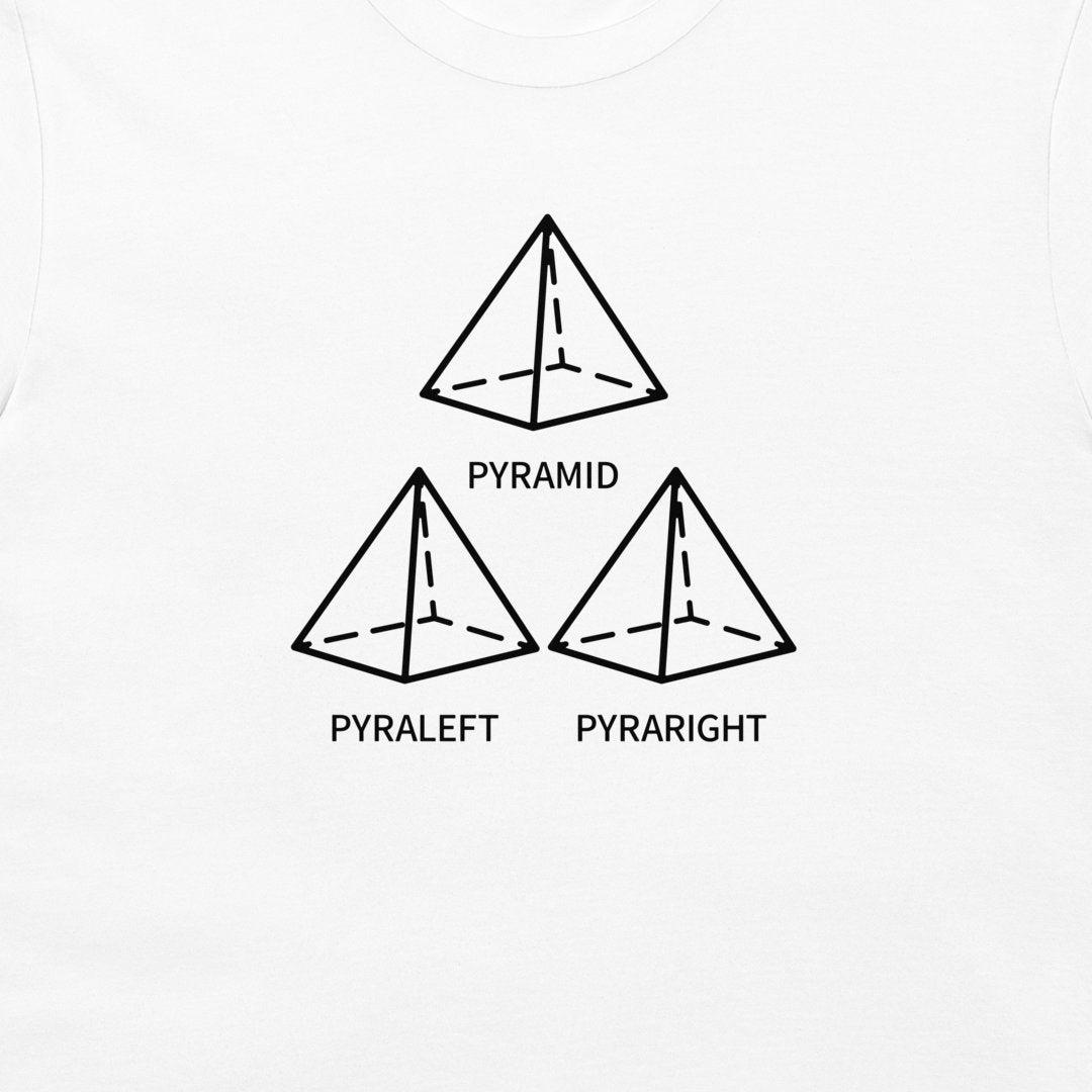 A white t-shirt featuring a black graphic print of three pyramids labeled 'PYRAMID', 'PYRALEFT', and 'PYRARIGHT'.