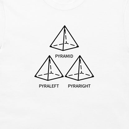 A white t-shirt featuring a black graphic print of three pyramids labeled 'PYRAMID', 'PYRALEFT', and 'PYRARIGHT'.