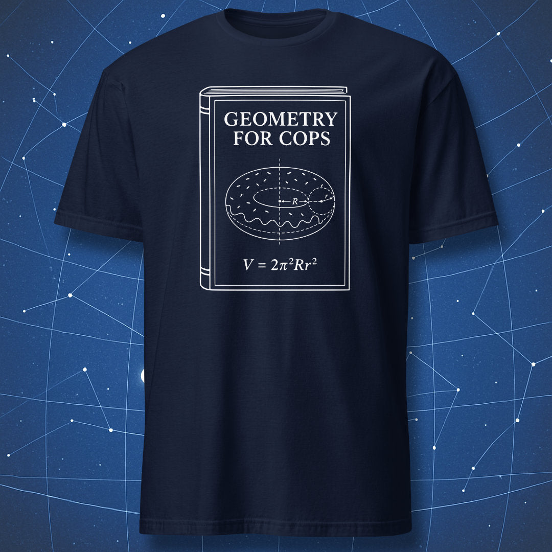Funny Geometry for Cops torus donut math shirt with white schematic book cover design on navy.