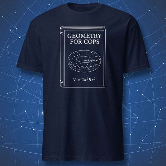 Funny Geometry for Cops torus donut math shirt with white schematic book cover design on navy.
