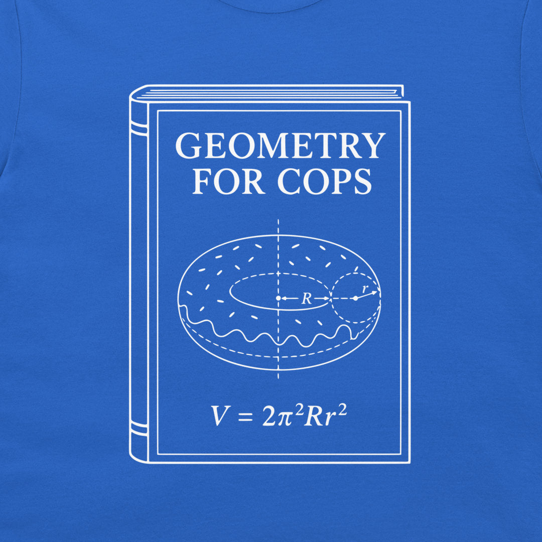 A blue crewneck t-shirt featuring a white graphic print of a book titled 'GEOMETRY FOR COPS' with a donut illustration and a geometric formula.