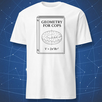 Geometry for Cops T-shirt with black torus donut formula book cover design on white shirt.