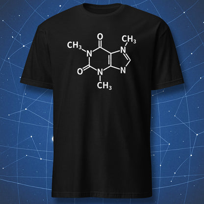 Caffeine molecule structure graphic printed on a black T-shirt