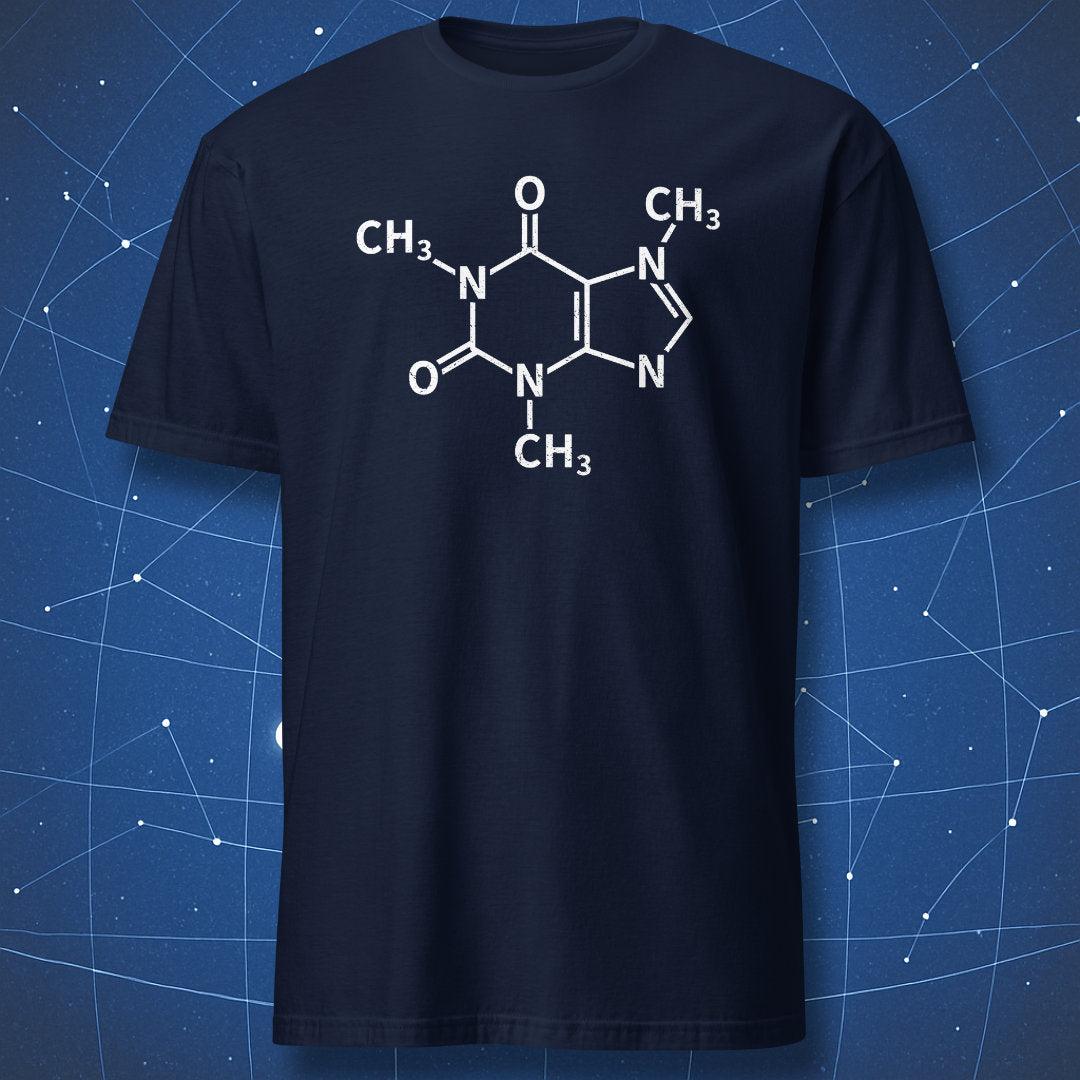 Caffeine molecule structure graphic printed on a navy T-shirt