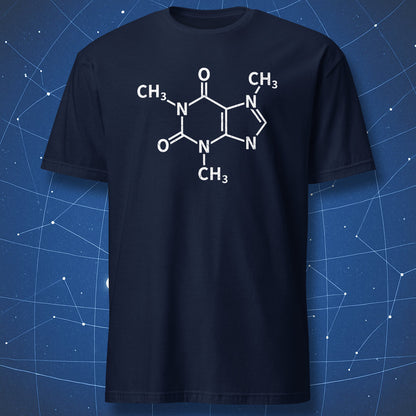 Caffeine molecule structure graphic printed on a navy T-shirt