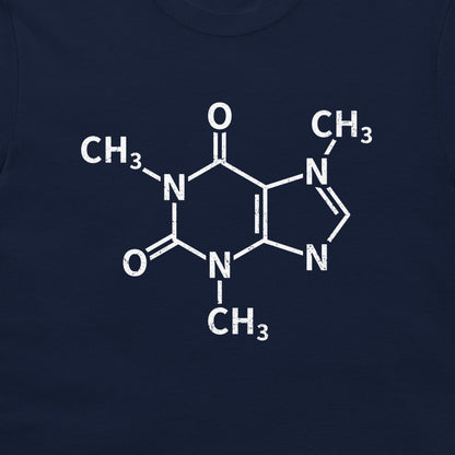 A close-up of a caffeine molecule structure graphic printed on a navy blue T-shirt