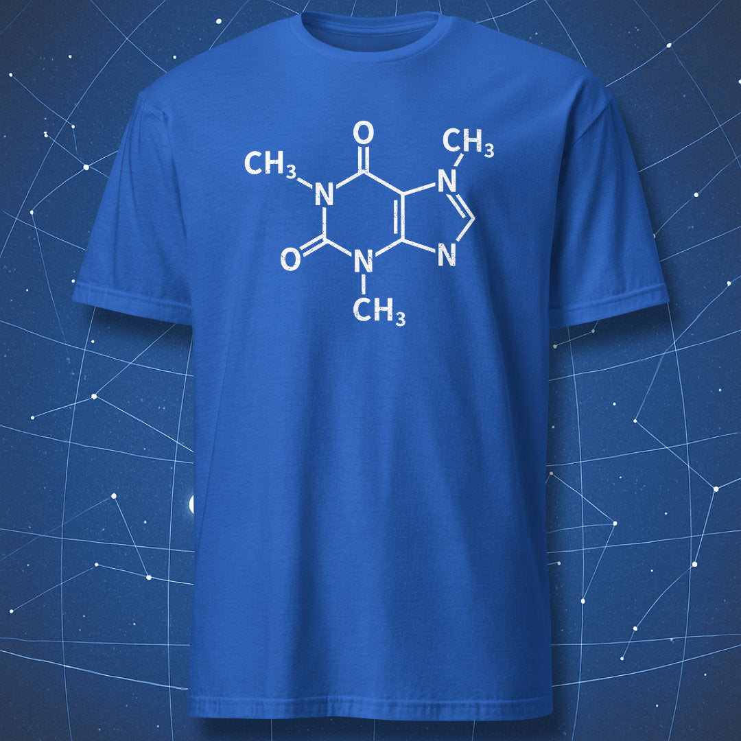 Caffeine molecule structure graphic printed on a royal blue T-shirt
