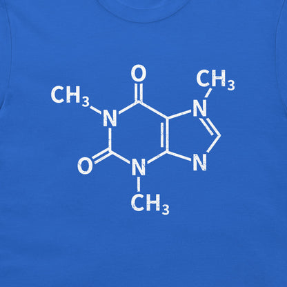 A close-up of a caffeine molecule structure graphic printed on a royal blue T-shirt