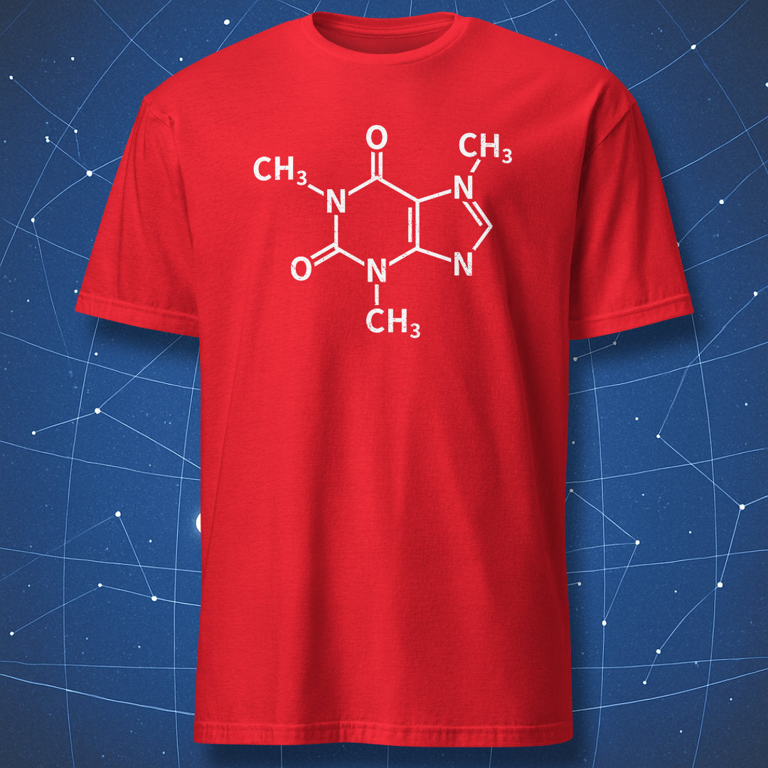 Caffeine molecule structure graphic printed on a red T-shirt