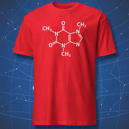 Caffeine molecule structure graphic printed on a red T-shirt