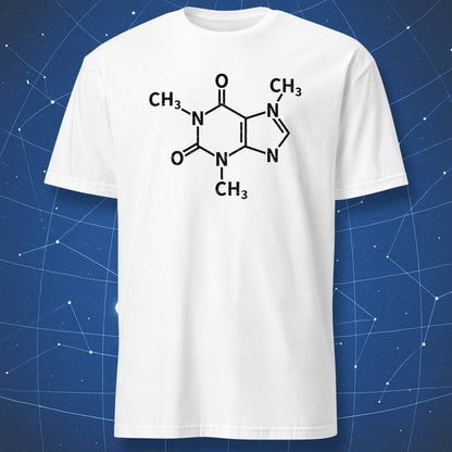 Caffeine molecule structure graphic printed on a white T-shirt