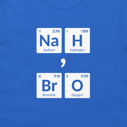 A close-up of a royal blue t-shirt featuring a graphic print of four white periodic table style tiles spelling out 'Na H Br O' separated by a white semicolon symbol.
