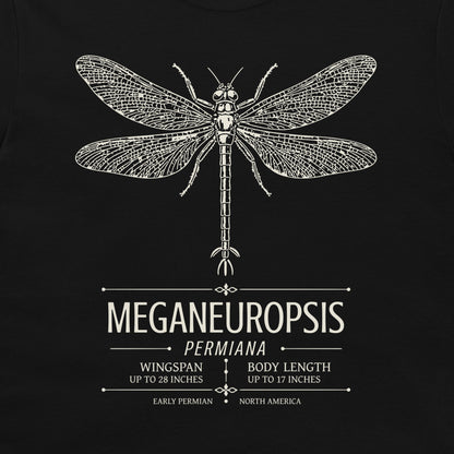 A black graphic print featuring a detailed off-white scientific illustration of a dragonfly above the text 'MEGANEUROPSIS PERMIANA' with paleontological details.
