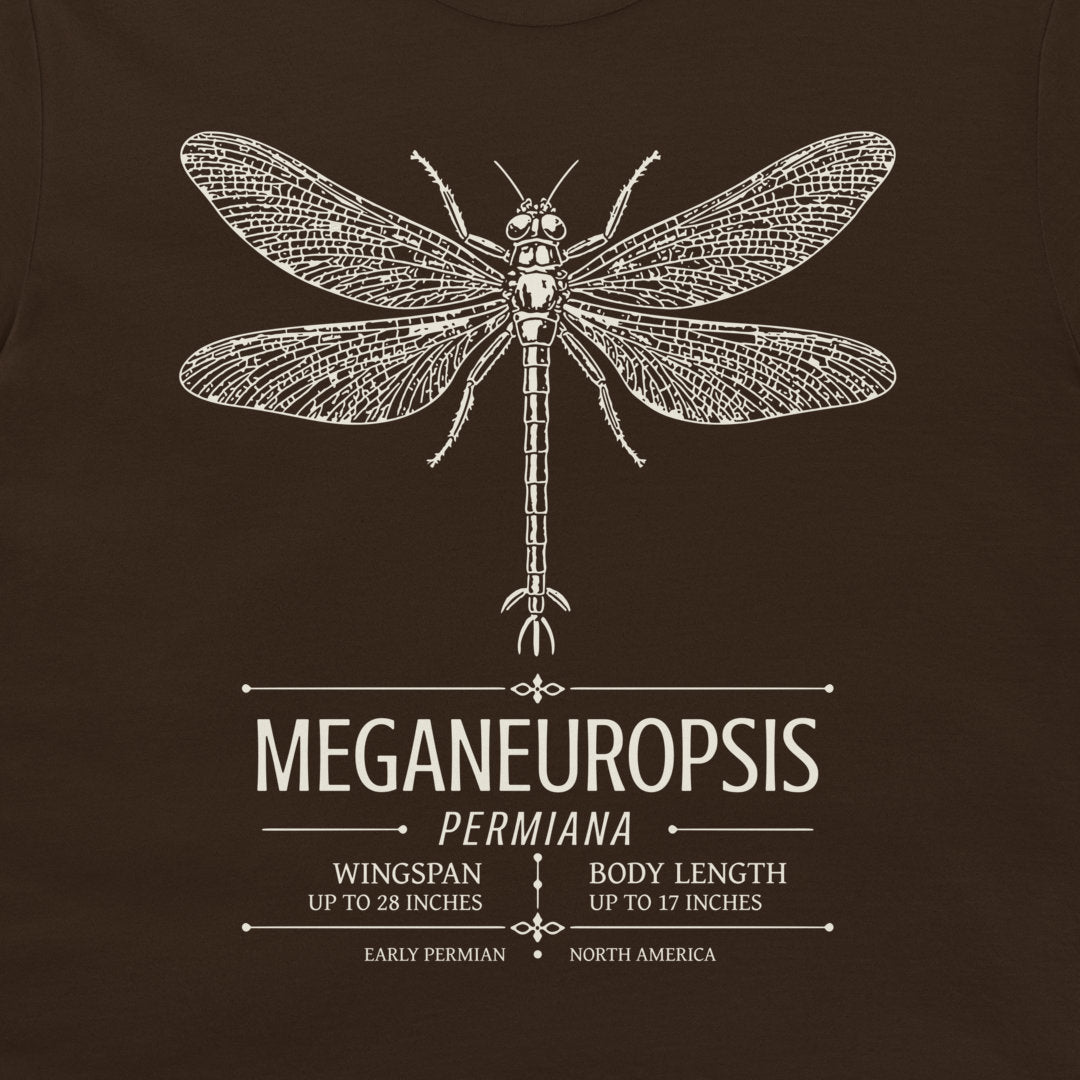 A dark brown graphic print featuring a detailed off-white sketch of a dragonfly above vintage-style text reading 'MEGANEUROPSIS PERMIANA' with additional paleo-geographic details.