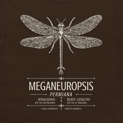 A dark brown graphic print featuring a detailed off-white sketch of a dragonfly above vintage-style text reading 'MEGANEUROPSIS PERMIANA' with additional paleo-geographic details.
