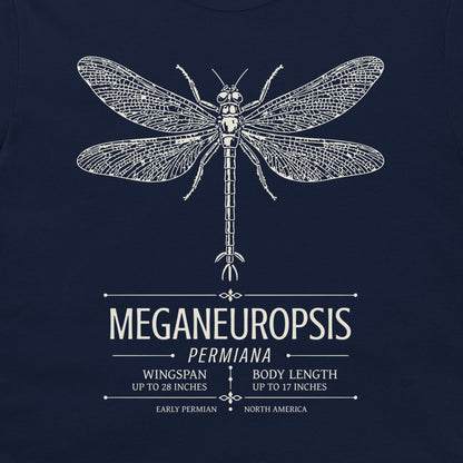 A navy blue graphic print featuring a off-white line-art illustration of a dragonfly above the text 'MEGANEUROPSIS PERMIANA' with additional paleomyopod and body measurements for an early Permian insect.