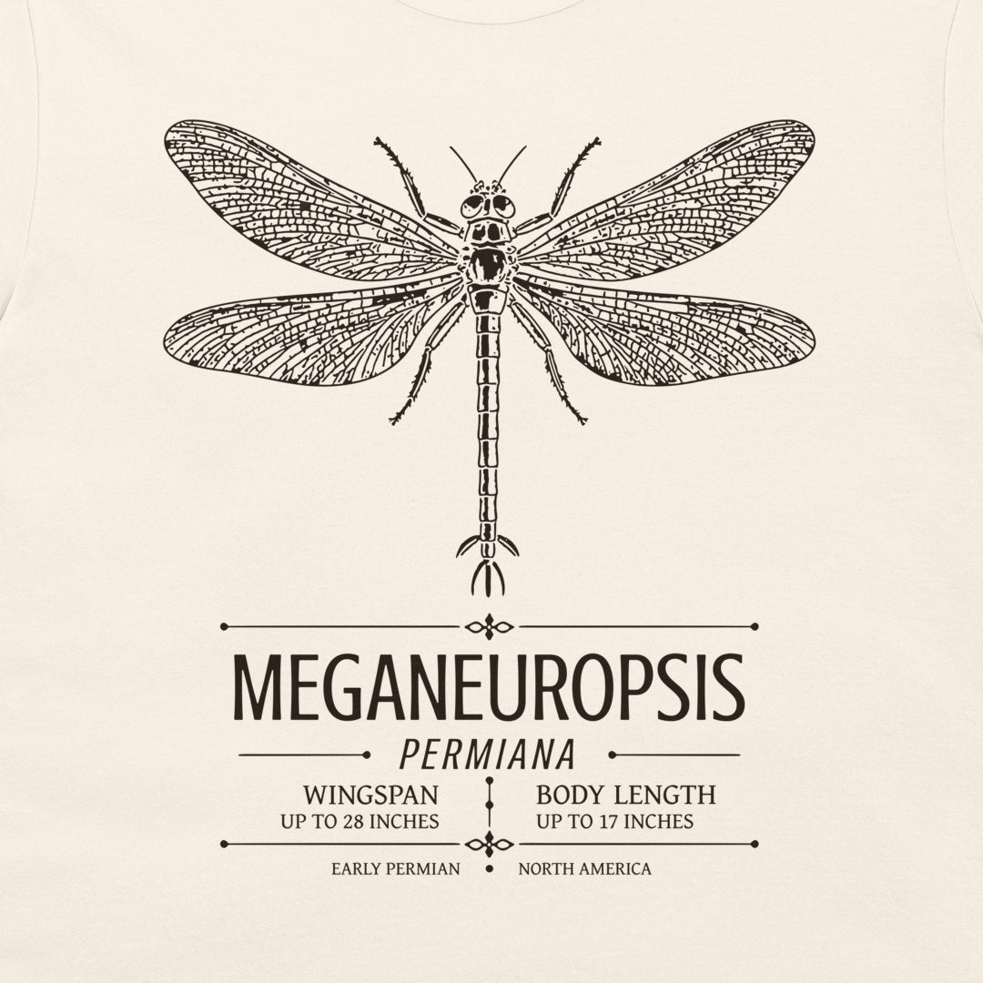 A cream-colored t-shirt featuring a dark brown line art graphic of a Meganeuropis Permiana dragonfly, with detailed scientific text below it.