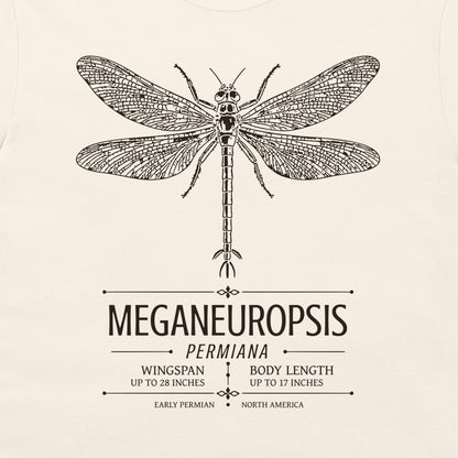 A cream-colored t-shirt featuring a dark brown line art graphic of a Meganeuropis Permiana dragonfly, with detailed scientific text below it.