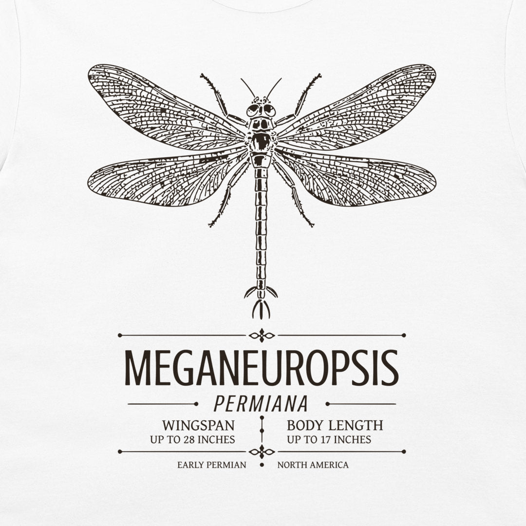 A white crewneck t-shirt featuring a dark graphic print of a Meganeuropis Permiana dragonfly with detailed scientific text below it.
