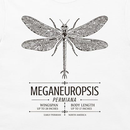 A white crewneck t-shirt featuring a dark graphic print of a Meganeuropis Permiana dragonfly with detailed scientific text below it.