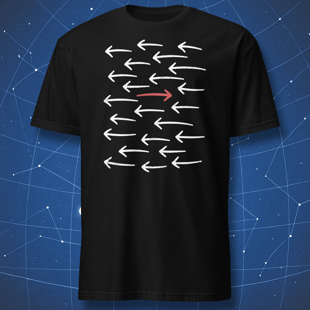 Black Go Against the Flow T-shirt with white arrows pointing left and one contrasting red arrow pointing right.