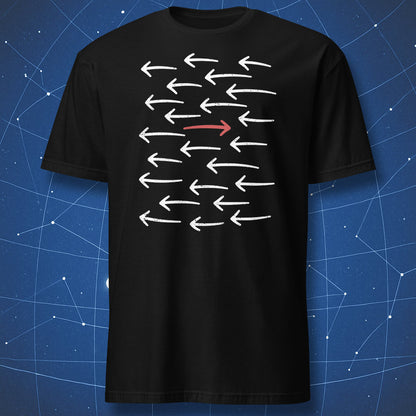 Black Go Against the Flow T-shirt with white arrows pointing left and one contrasting red arrow pointing right.