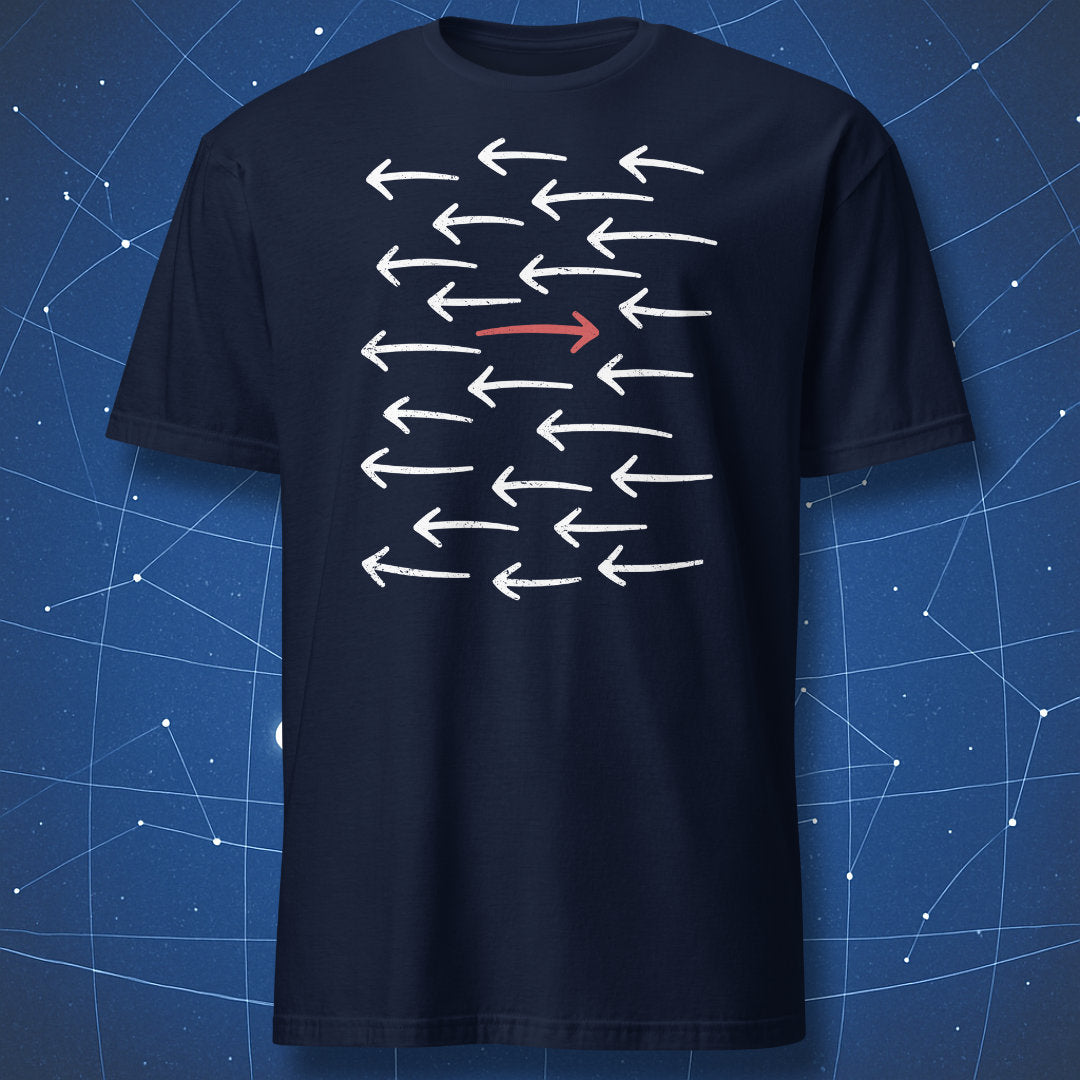 Navy nonconformist arrow T-shirt featuring white arrows moving left and one red arrow heading in the opposite direction.