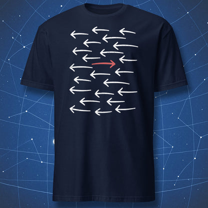 Navy nonconformist arrow T-shirt featuring white arrows moving left and one red arrow heading in the opposite direction.