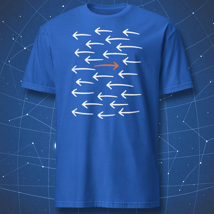Royal blue independent thinker T-shirt with white hand-drawn arrows and one contrasting orange arrow moving against the crowd.