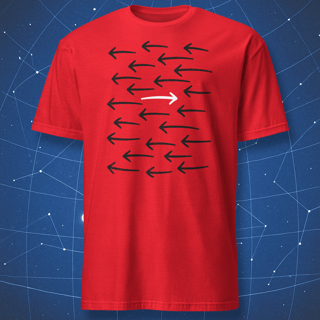 Red Go Against the Flow shirt with black arrows pointing left and one white arrow boldly pointing right.