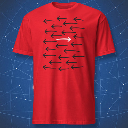 Red Go Against the Flow shirt with black arrows pointing left and one white arrow boldly pointing right.