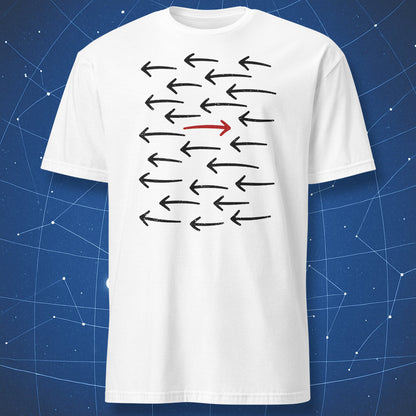 White minimalist arrow T-shirt with black arrows pointing left and one contrasting red arrow pointing in the opposite direction.