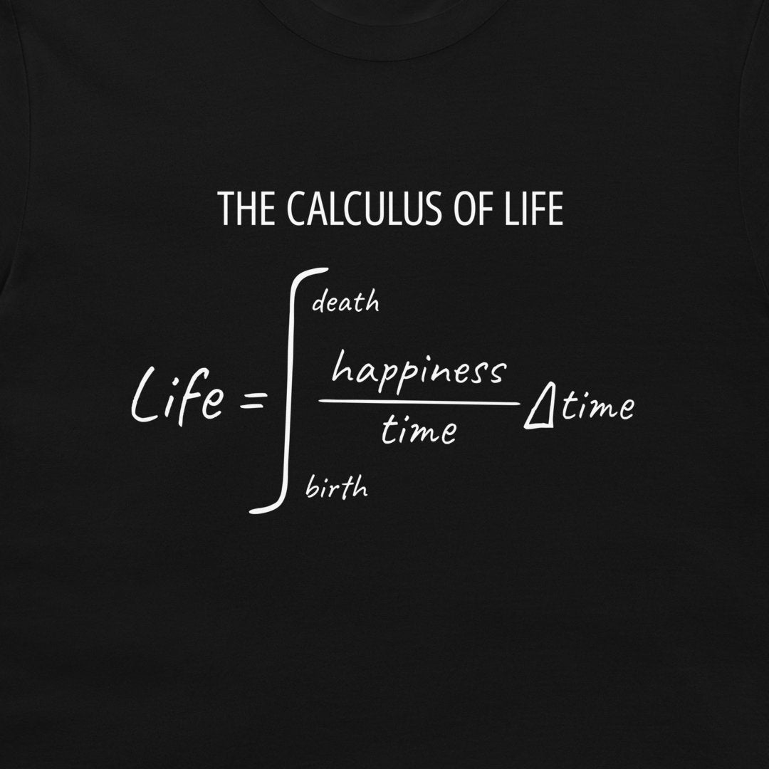 Close-up of The Calculus of Life math equation printed in white on a black T-shirt.