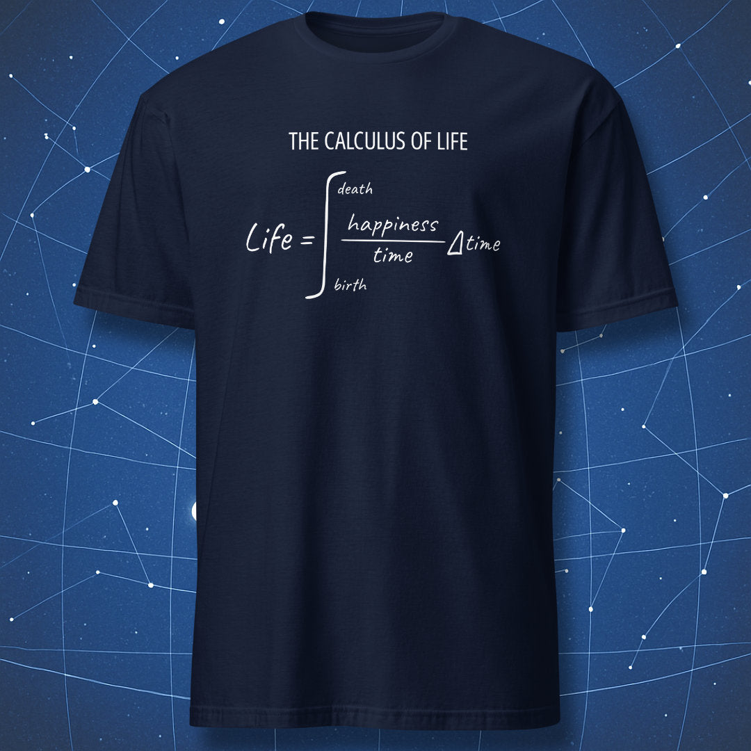 Navy The Calculus of Life T-shirt featuring a humorous integral from birth to death.