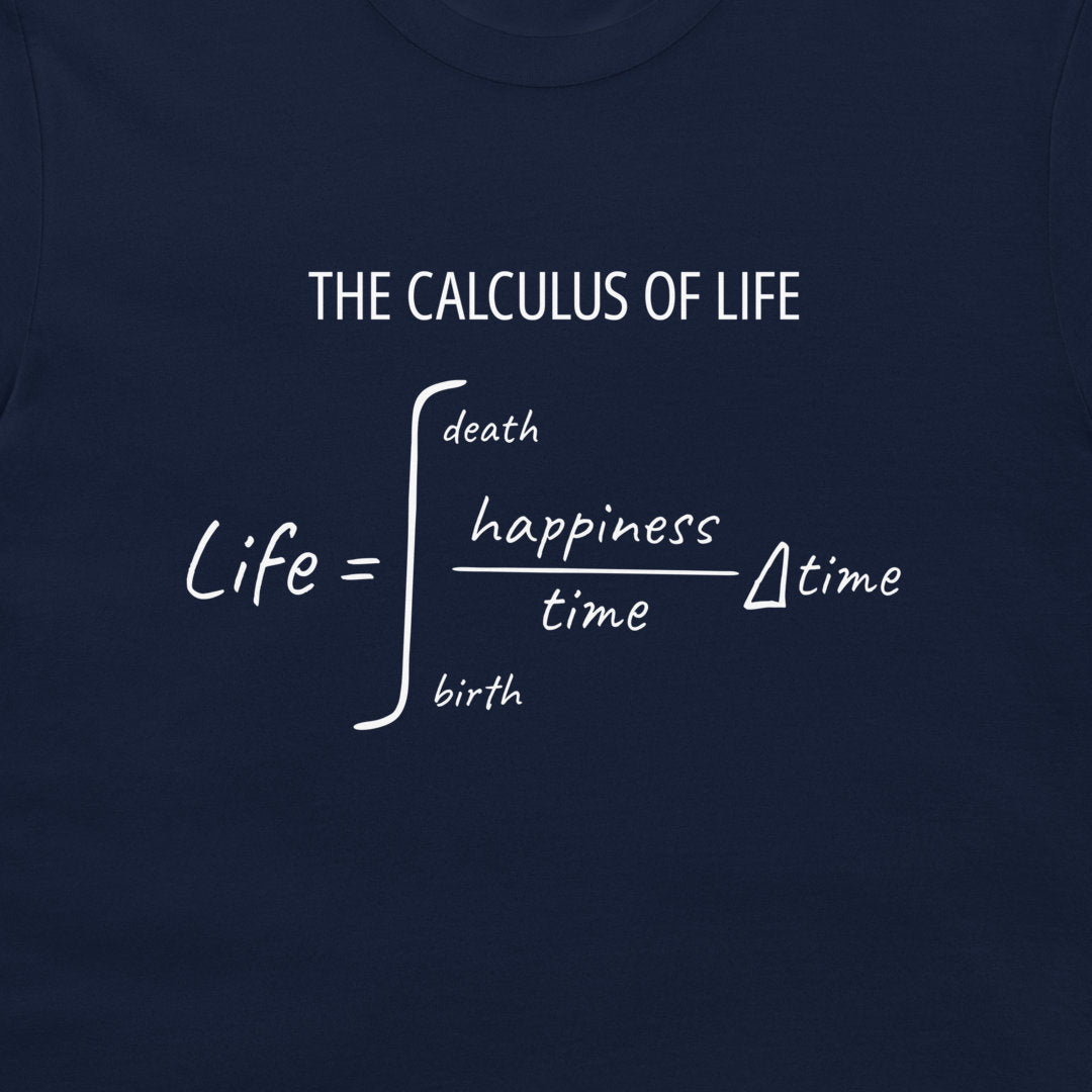 Close-up of a white calculus equation about life and happiness on a navy T-shirt.